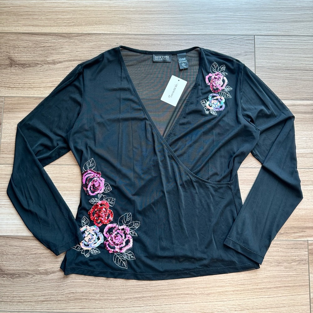 Vintage Y2K Fairy New York & Company Black Mesh Wrap Blouse with Pink Sequins - Picture 2 of 13